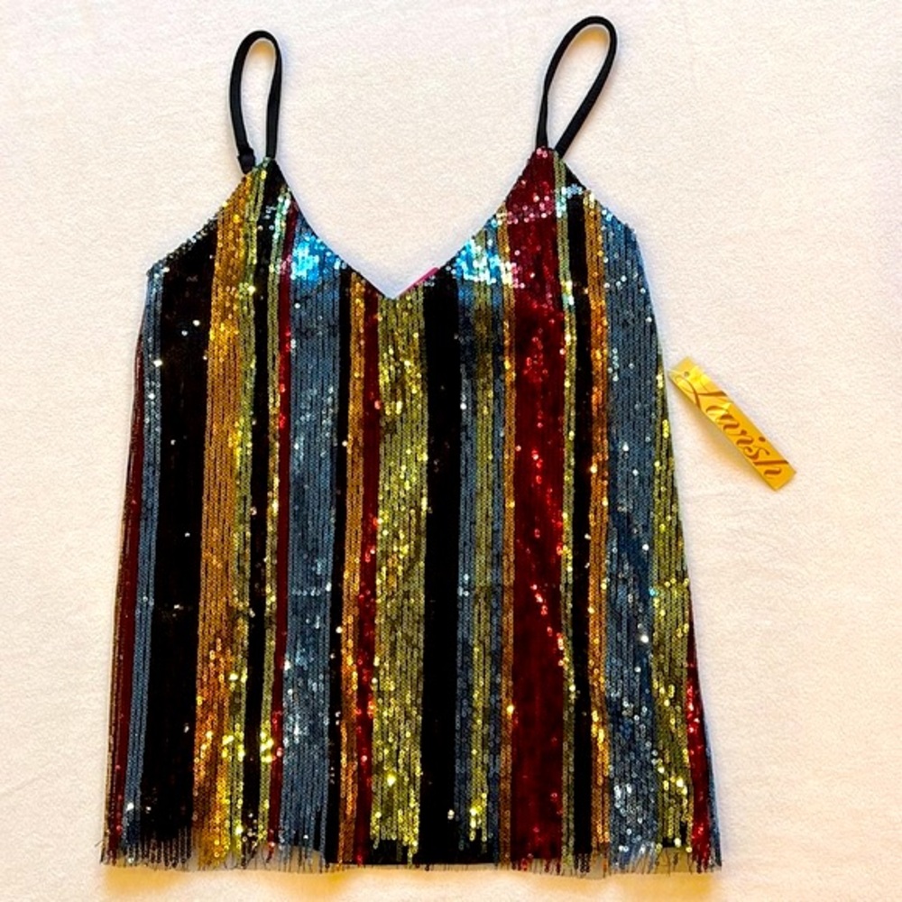 Lavish Multi Color Vertical Stripe Sequin Cami Sleeveless Tank Top Small NEW